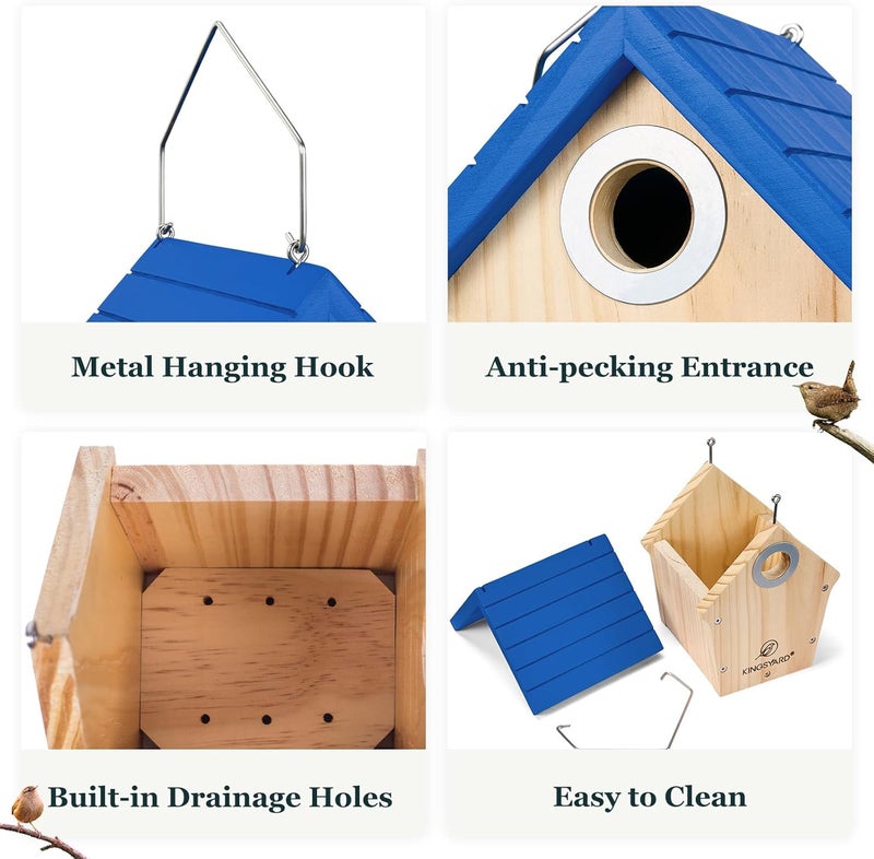 Kingsyard Wooden Wren House with Predator Guard, Bird Nesting for Outdoor, Garden Patio Nest Box Birdhouse for Wild Bird Watching, Royal Blue - Image 3